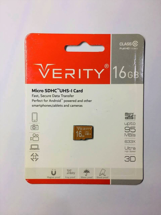 کارت حافظه میکرو اس دی وریتی Verity 16 گیگابایت UHS-I U1 کلاس 10 سرعت خواندن تا 95MB/s همراه آداپتور - ایدهآل برای گوشی موبایل و دوربین