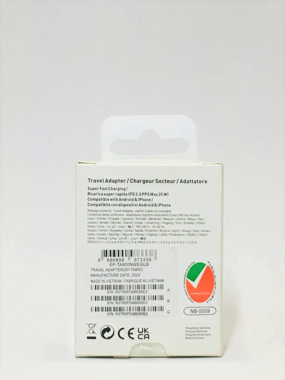 آداپتور فست شارژ 25 وات سامسونگ مدل USB-C؛ مناسب شارژ سریع موبایل و تبلت با محافظت چندلایه و ولتاژ 100 تا 240 ولت