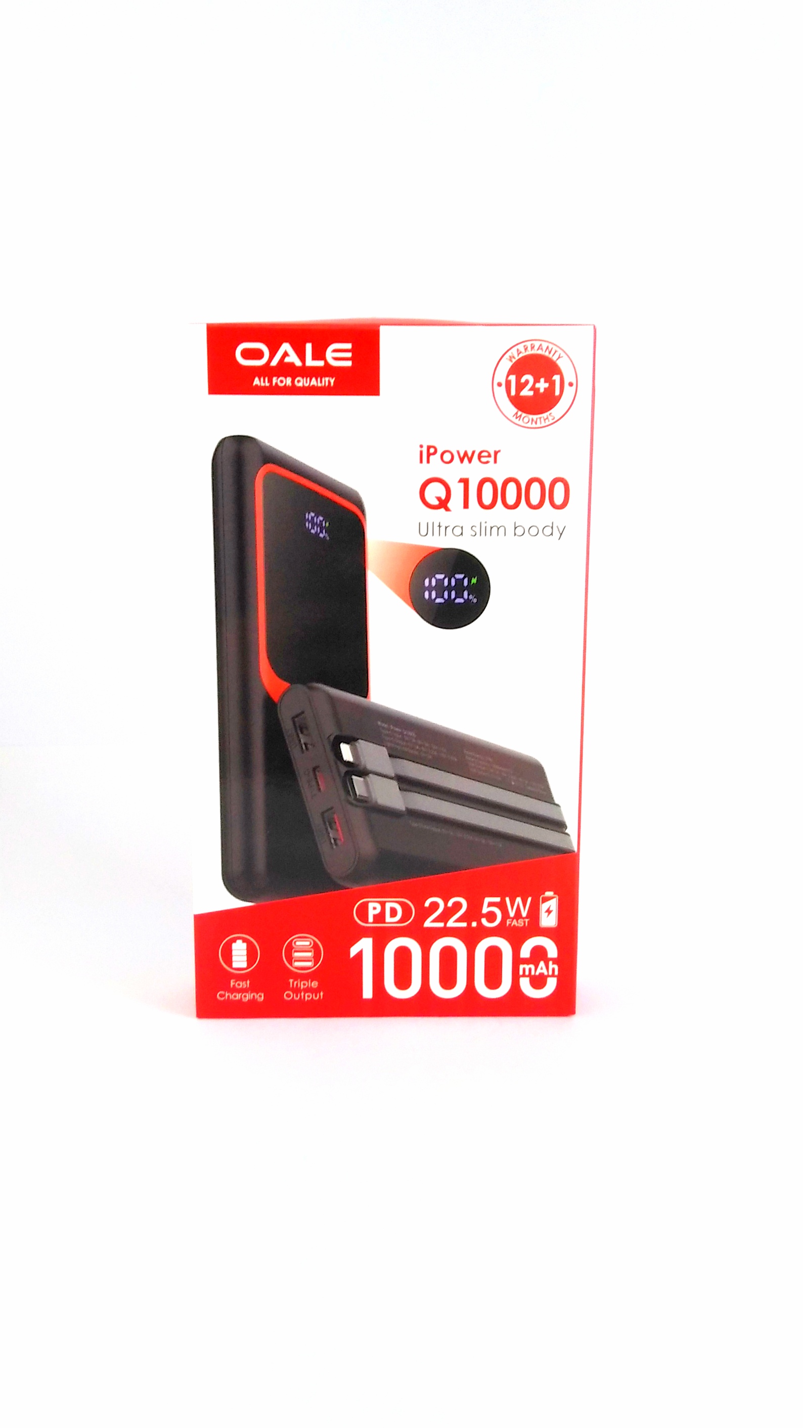 پاوربانک OALE Q10000 با ظرفیت 10000 میلی آمپر و شارژ سریع 22.5 وات - بدنه باریک و خروجی سه گانه